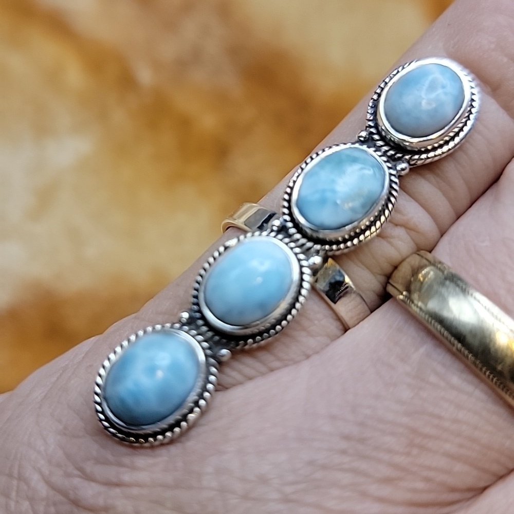 Sterling Silver Blue Larimar Ring Size 8 – 4 Stone Oval Cabochon Statement Ring - Picture 11 of 11